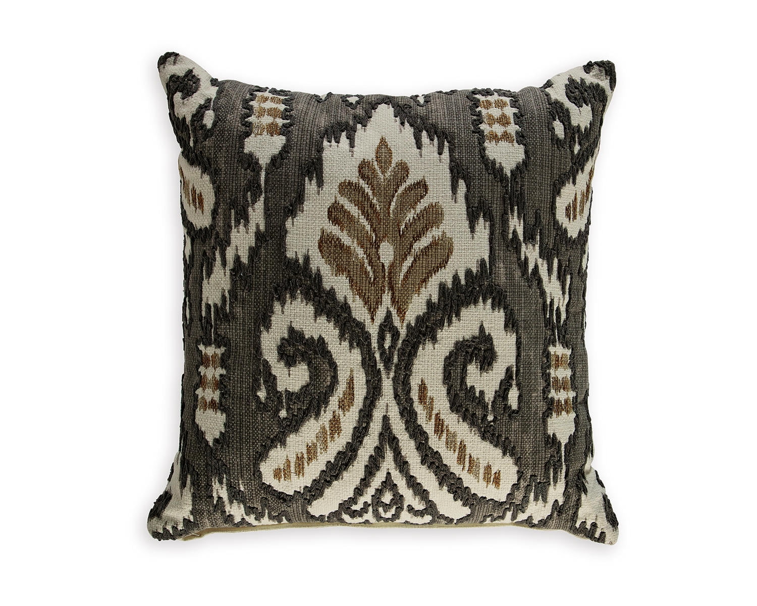 Dark Gray and Beige Embroidered Ikat Square Pillow