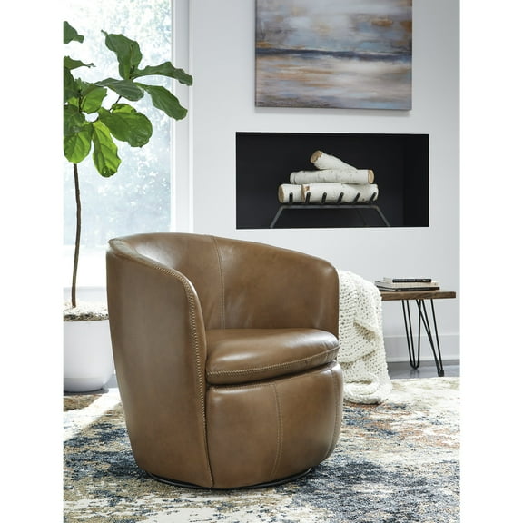 Signature Design by Ashley Kierreys 360 Degree Leather Upholstered Swivel Chair, Caramel