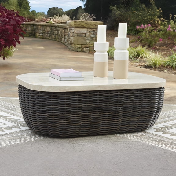 Signature Design by Ashley Kimora Outdoor Patio Coffee Table - Weather Resistant Wicker with Marble-Look Aluminum Top, Dark Brown
