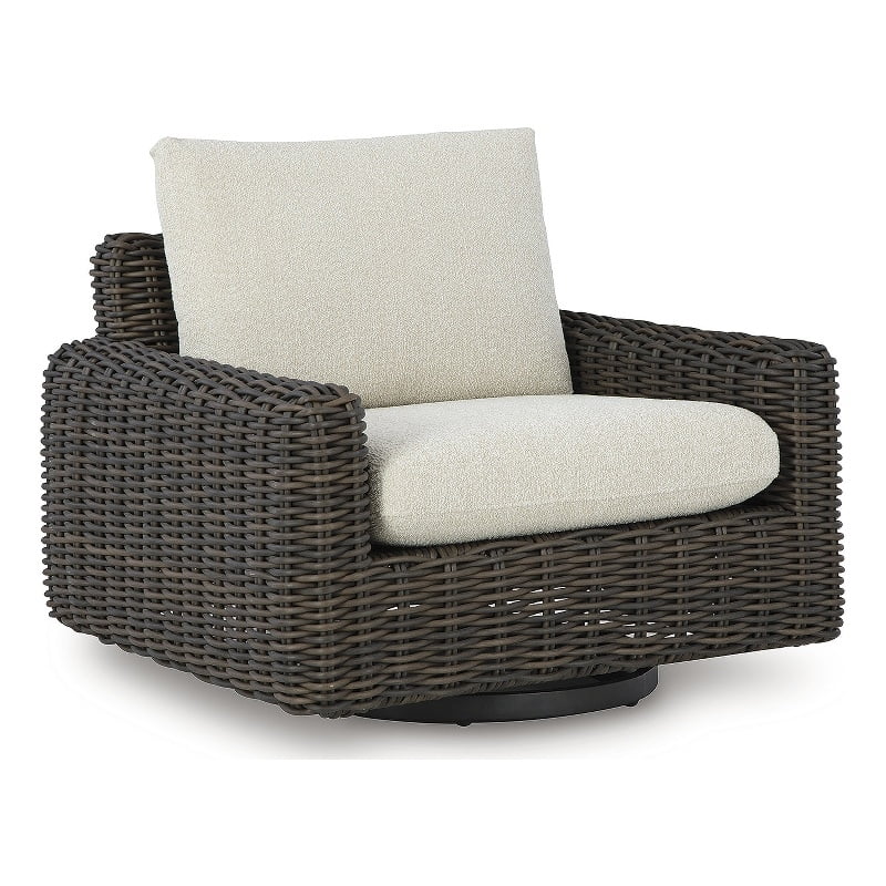 Beige Wicker Outdoor Swivel Lounge Chair with Cushions