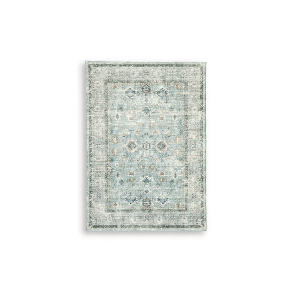 Signature Design by Ashley Ladstoney 5' x 7' Memory Foam Area Rug, Teal/Beige/Ochre Botanical Faux Fur Rug