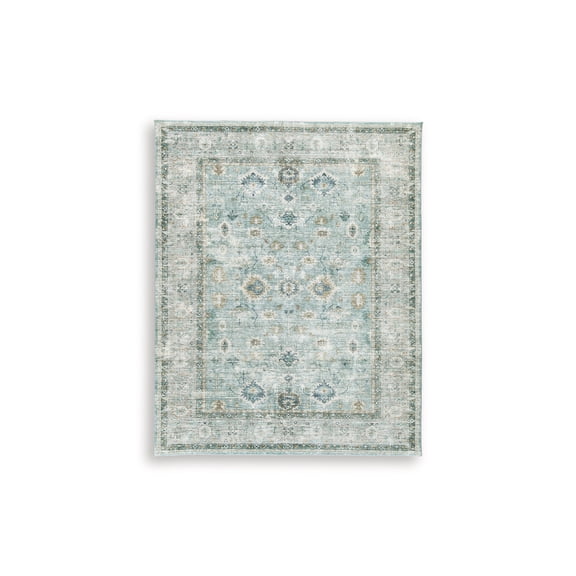 Signature Design by Ashley Ladstoney 8' x 10' Memory Foam Area Rug, Teal/Beige/Ochre Botanical Faux Fur Rug
