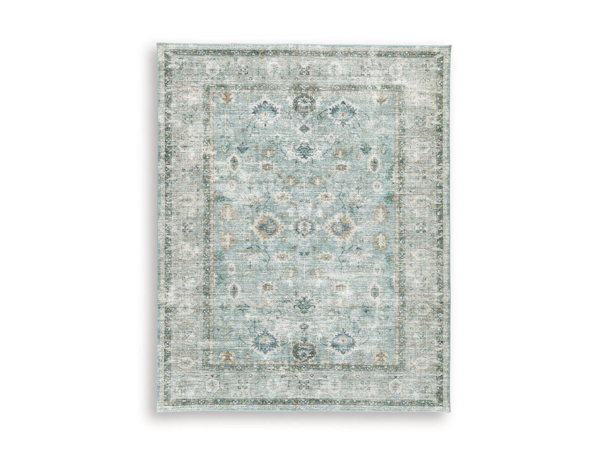 Signature Design by Ashley Ladstoney 8' x 10' Memory Foam Area Rug, Teal/Beige/Ochre Botanical Faux Fur Rug