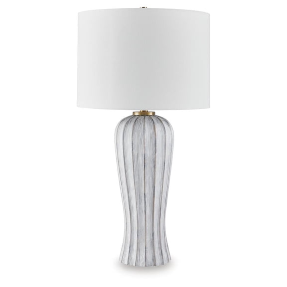 Signature Design by Ashley Lanwell Poly Table Lamp, Antique Gray, Fluted Base, 24" Tall, Drum Shade