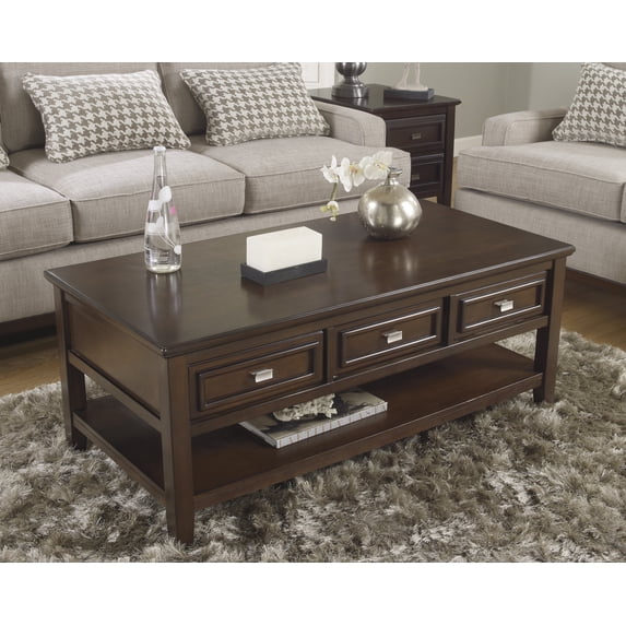 Ashley Larimer Rectangular Coffee Table with Drawers in Dark Brown