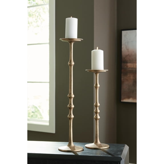 Signature Design by Ashley Larwick Candle Holder Set of 2, Antique Brass Cast Aluminum Pillar Candle Stands