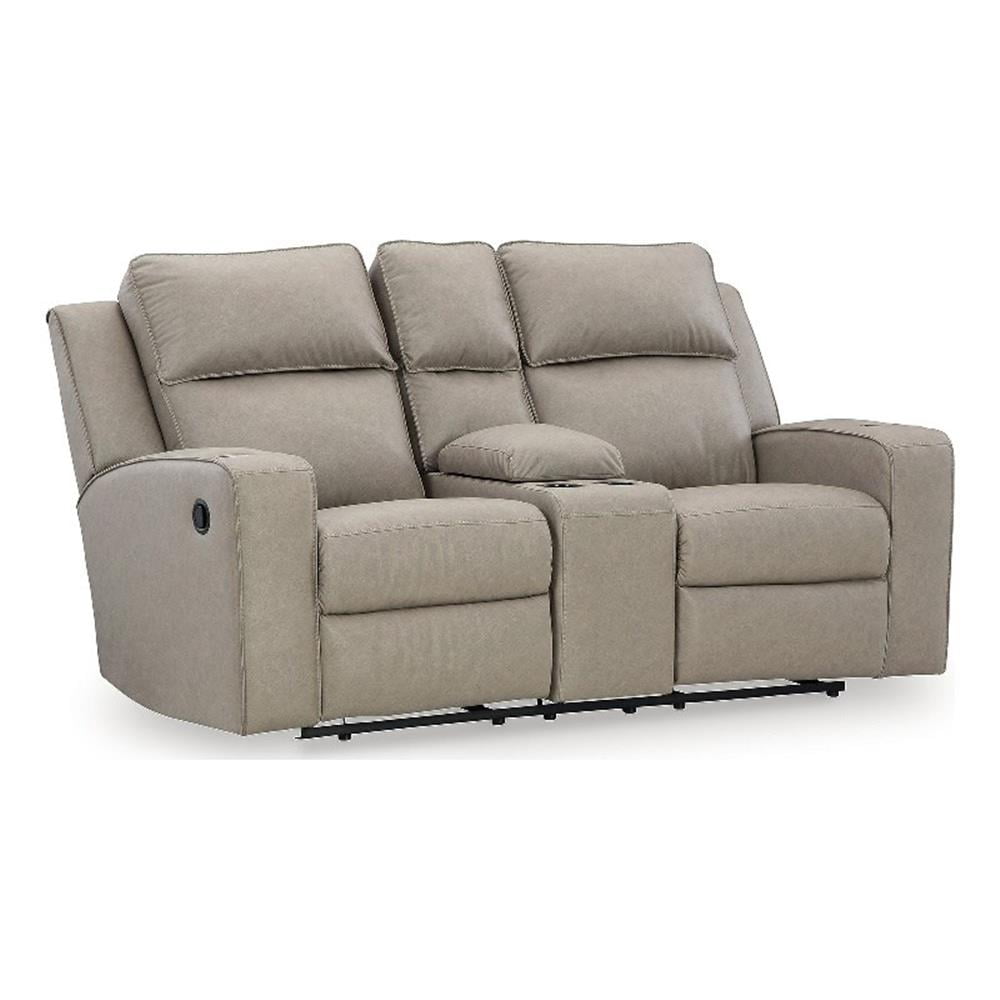 Beige Faux Leather Reclining Loveseat with Storage and Cup Holders