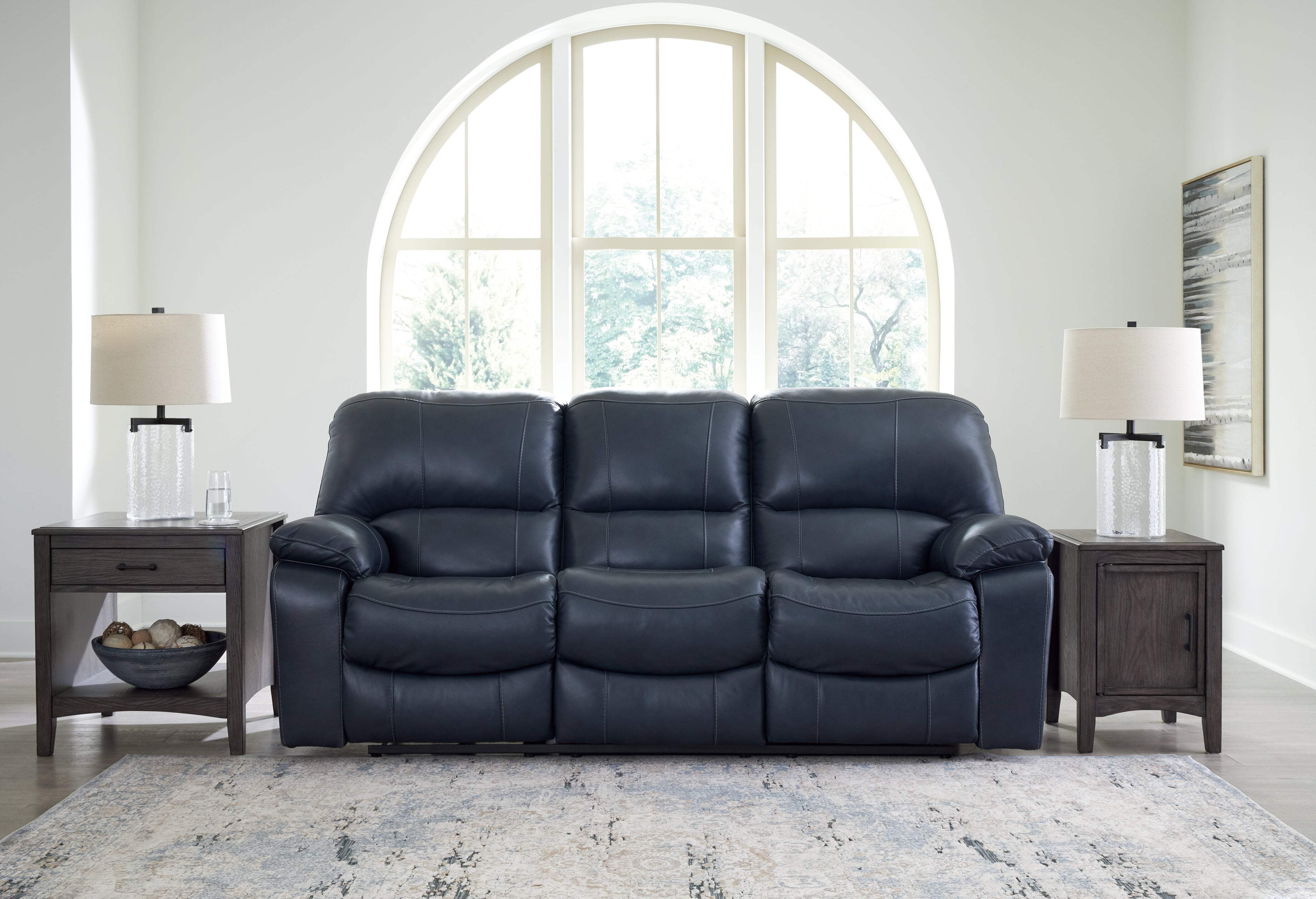 Black Faux Leather Power Reclining Sofa with Ottoman