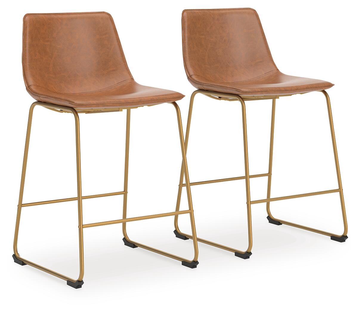 Signature Design by Ashley Lexadine Counter Height Bar Stools, Set of 2 – Upholstered Faux Leather, Brown/Gold Finish, Modern Bucket Seat