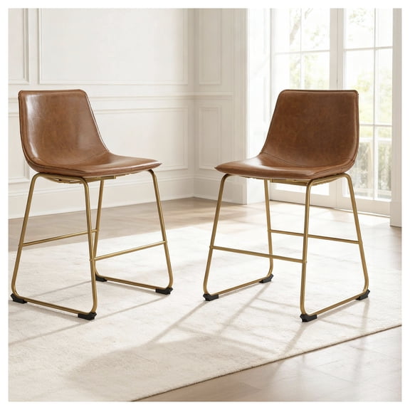 Signature Design by Ashley Lexadine Dining Upholstered Side Chairs, Set of 2, Brown Faux Leather Seats with Gold-Tone Metal Frame