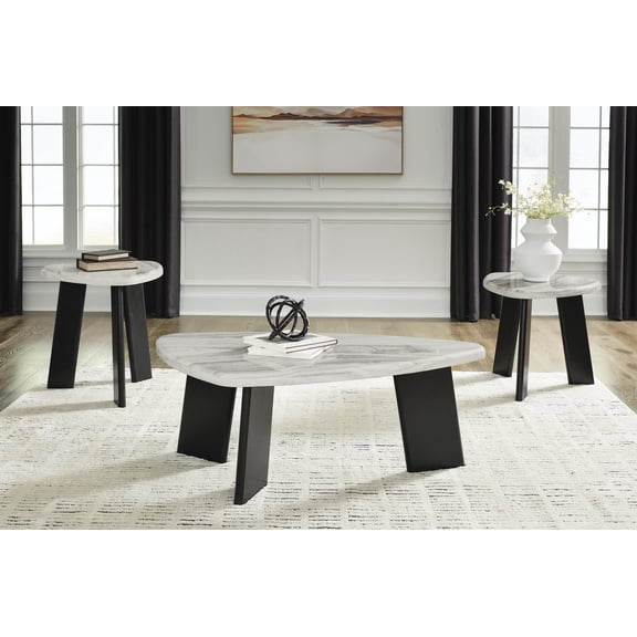 Signature Design by Ashley Lilyberg 3-Piece Occasional Table Set, Gray/Black, Faux Marble Coffee Table and 2 End Tables with Modern Geometric Design