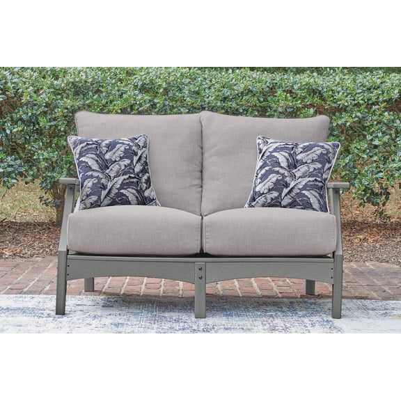 Signature Design by Ashley Lone View Bay Outdoor Loveseat with Cushion, Gray, Patio Loveseat with HDPE Wood-Look Frame and Nuvella Fabric