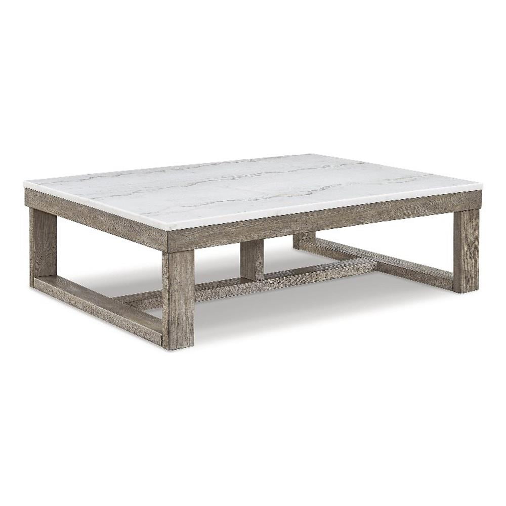 Beige and White Rectangular Wood and Marble Coffee Table