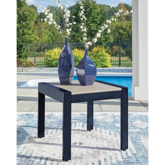 Signature Design by Ashley Mabry Shores Outdoor Rectangular End Table, Navy Blue and Driftwood, Aluminum and HDPE Patio Side Table