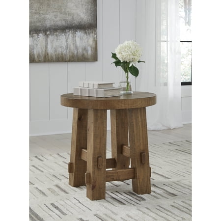 Signature Design by Ashley Mackifeld Round End Table, Solid Pine, Warm Brown – Casual Rustic Living Room Accent