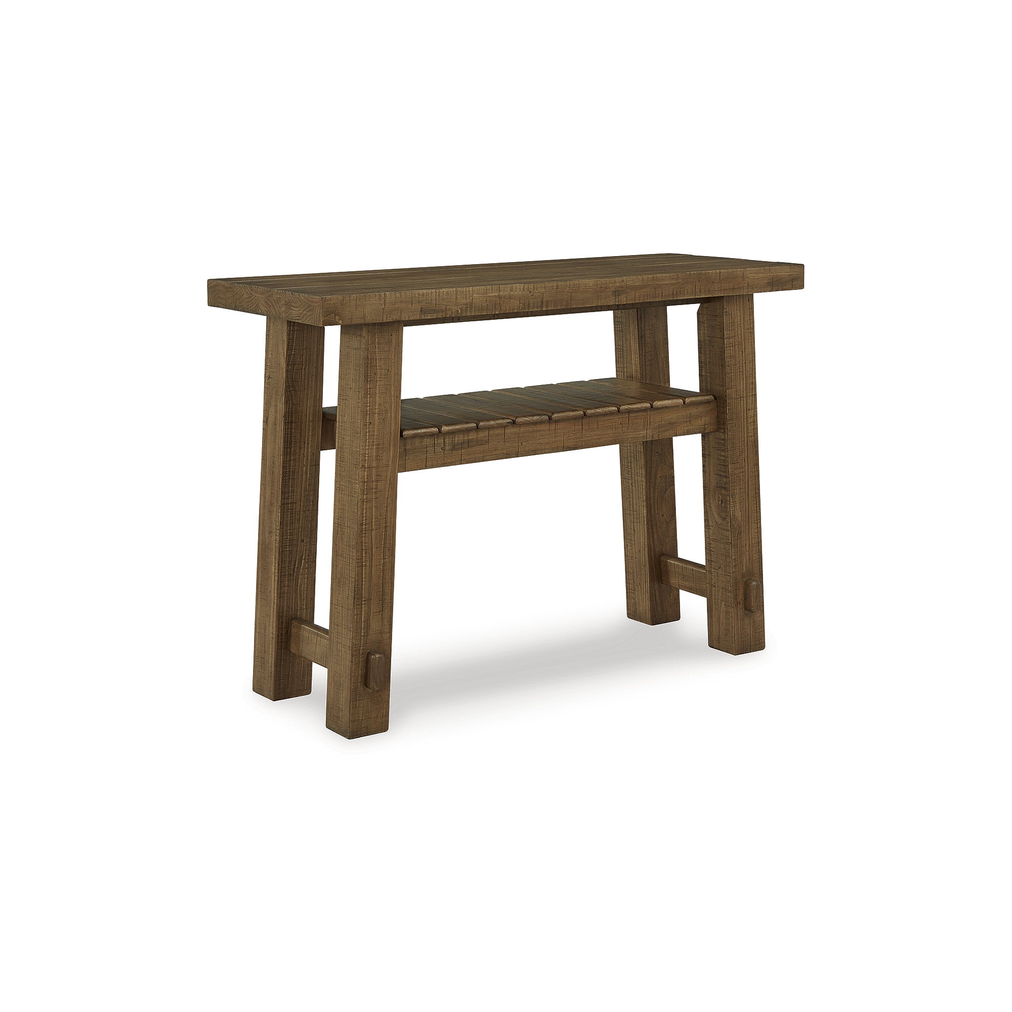 Light Brown Pine Wood Sofa Table with Slatted Shelf