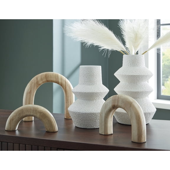 Signature Design by Ashley Maddwarth 5-Piece Decorative Accessory Set, Modern Metal Vases and Wood Sculptures, White and Natural