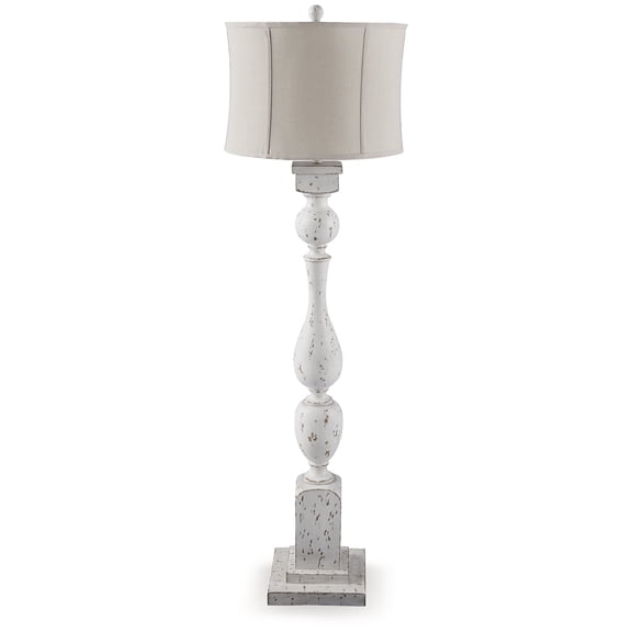 Signature Design by Ashley Madsbrook Poly Floor Lamp, Antique White Finish, Carved Turned Base, Drum Bell Fabric Shade, 62.5" Tall
