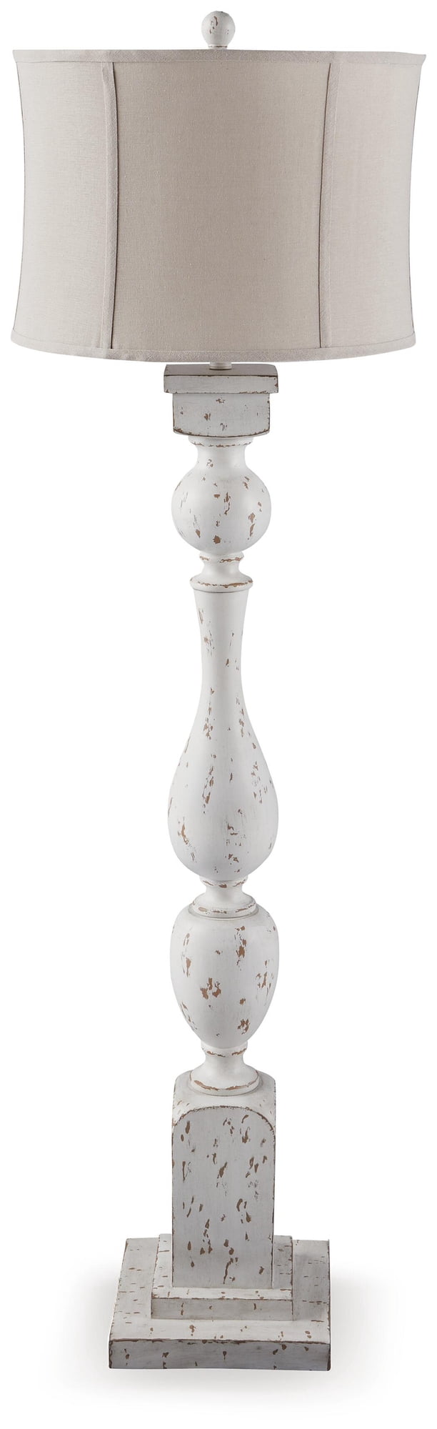 Signature Design by Ashley Madsbrook Poly Floor Lamp, Antique White Finish, Carved Turned Base, Drum Bell Fabric Shade, 62.5" Tall