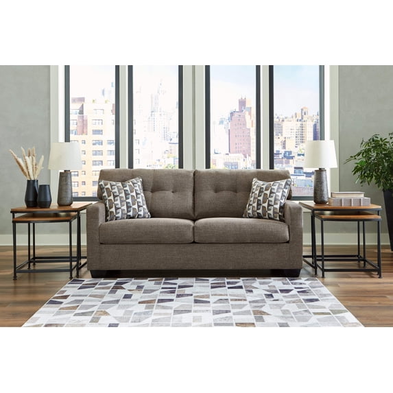 Ashley Furniture Mahoney Chocolate Sofa, tufted polyester brown couch with accent pillows