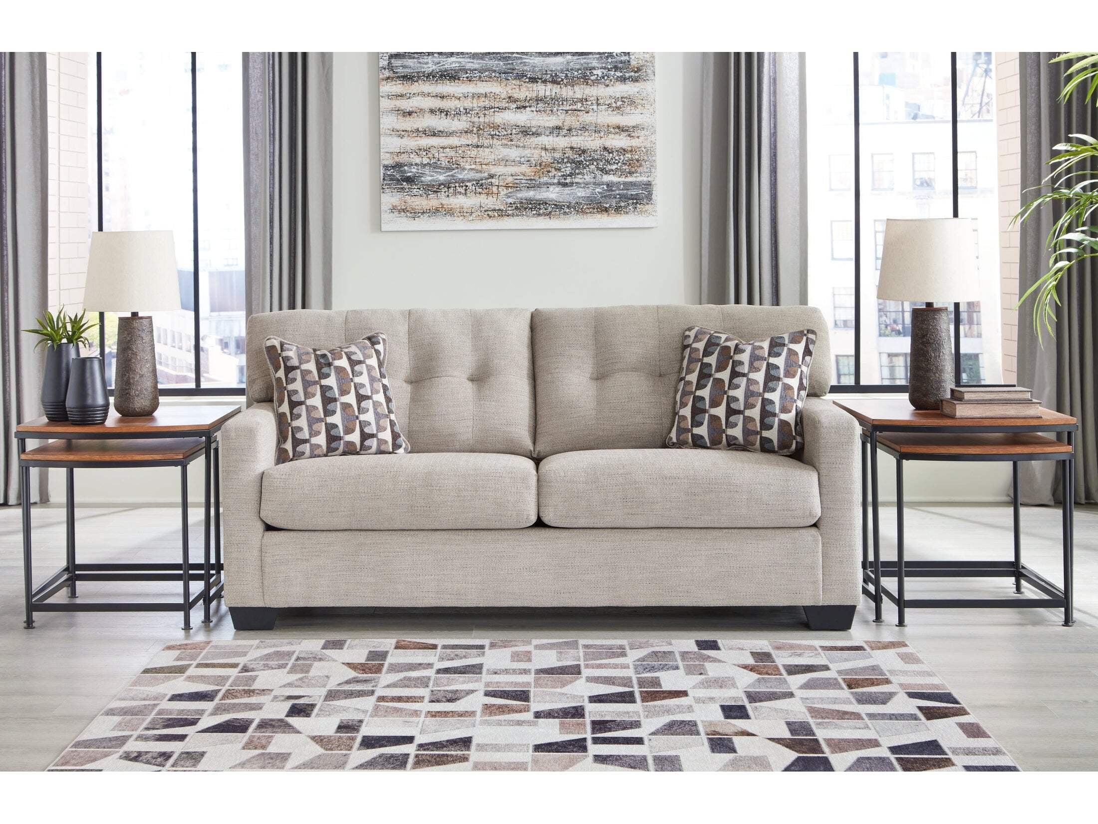 Pebble Gray Tufted Fabric Sofa with Removable Cushions