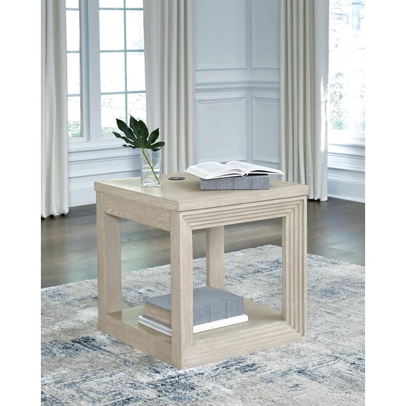 Signature Design by Ashley Marxhart Square End Table, Bisque, Modern Accent Table with Wireless Charging and Open Shelf