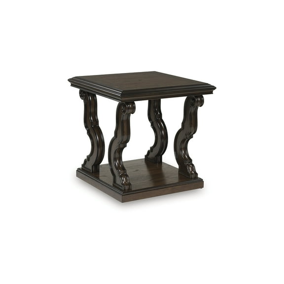 Signature Design by Ashley Maylee Square End Table with Ornate Scrolled Legs, Traditional Style, 24" Height, Dark Brown Finish