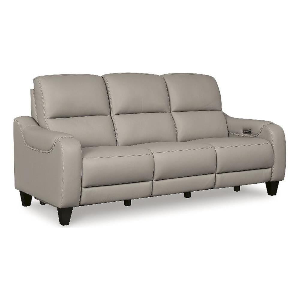 Gray Leather Power Reclining Sofa with Adjustable Headrest