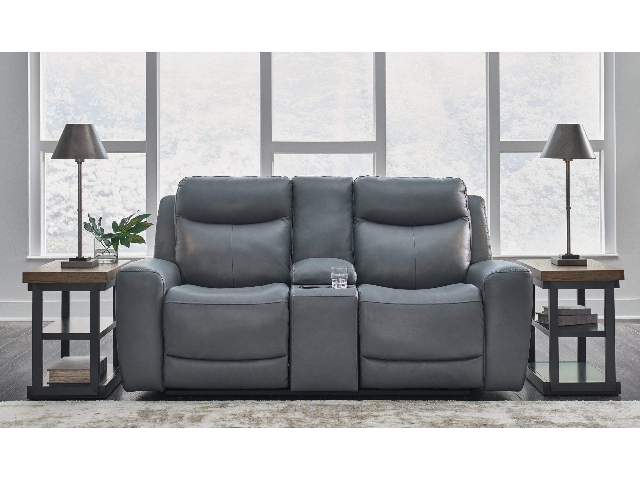 Gray Leather Power Reclining Loveseat with Steel Track Arms