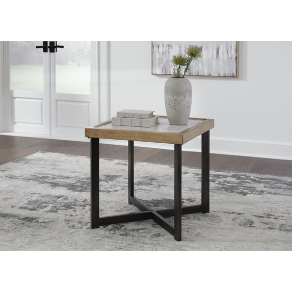 Signature Design by Ashley Montia Square End Table, Natural/Black, Modern Accent Table with Sintered Stone Top and Metal Frame