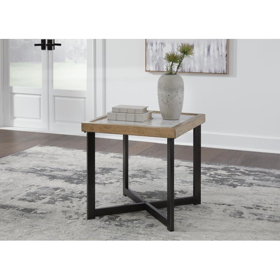 Signature Design by Ashley Montia Square End Table, Natural/Black, Modern Accent Table with Sintered Stone Top and Metal Frame