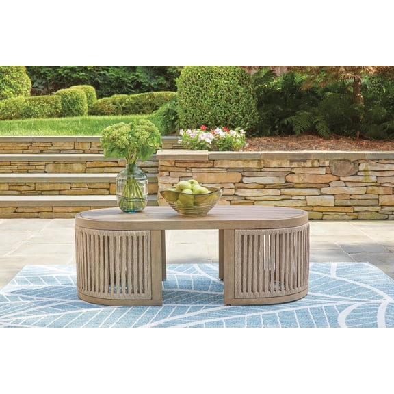 Signature Design by Ashley Moondance Outdoor Coffee Table, Beige, Eucalyptus Wood Patio Cocktail Table with Rope Weave Design