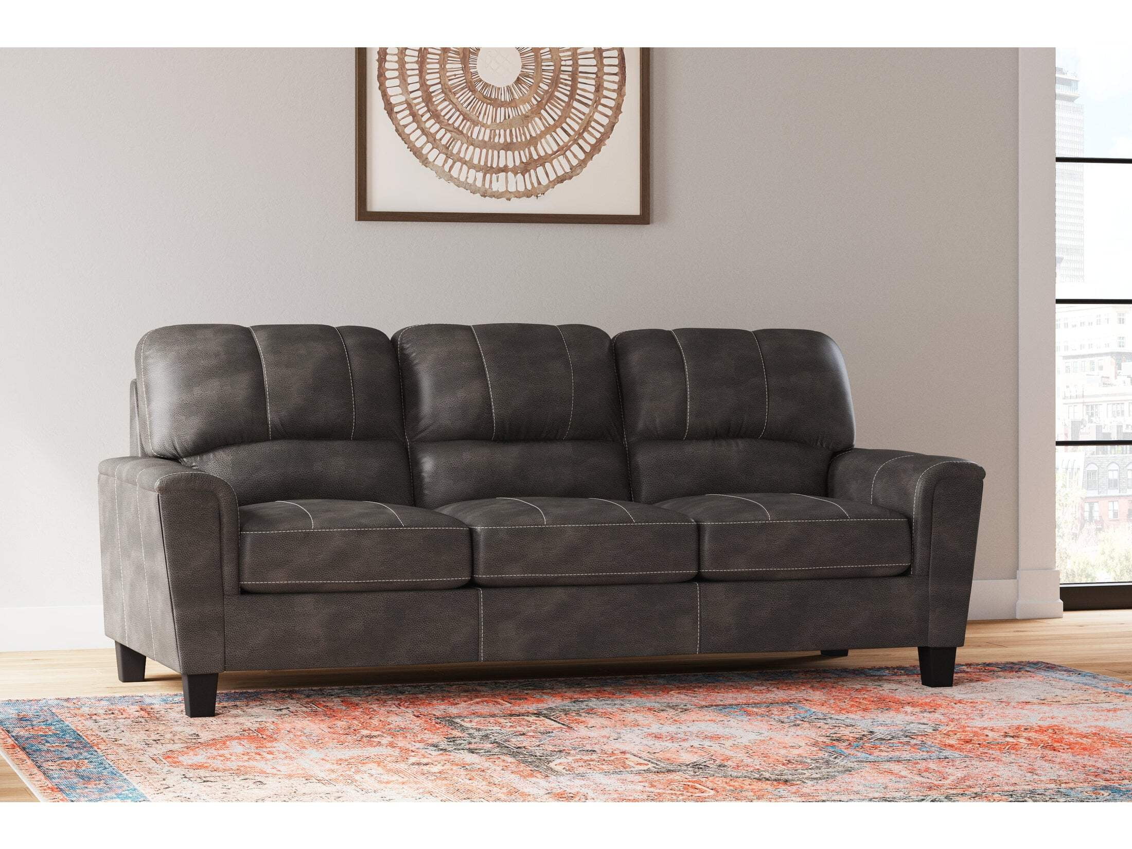 Smoke Gray Faux Leather Stationary Sofa with Track Arms