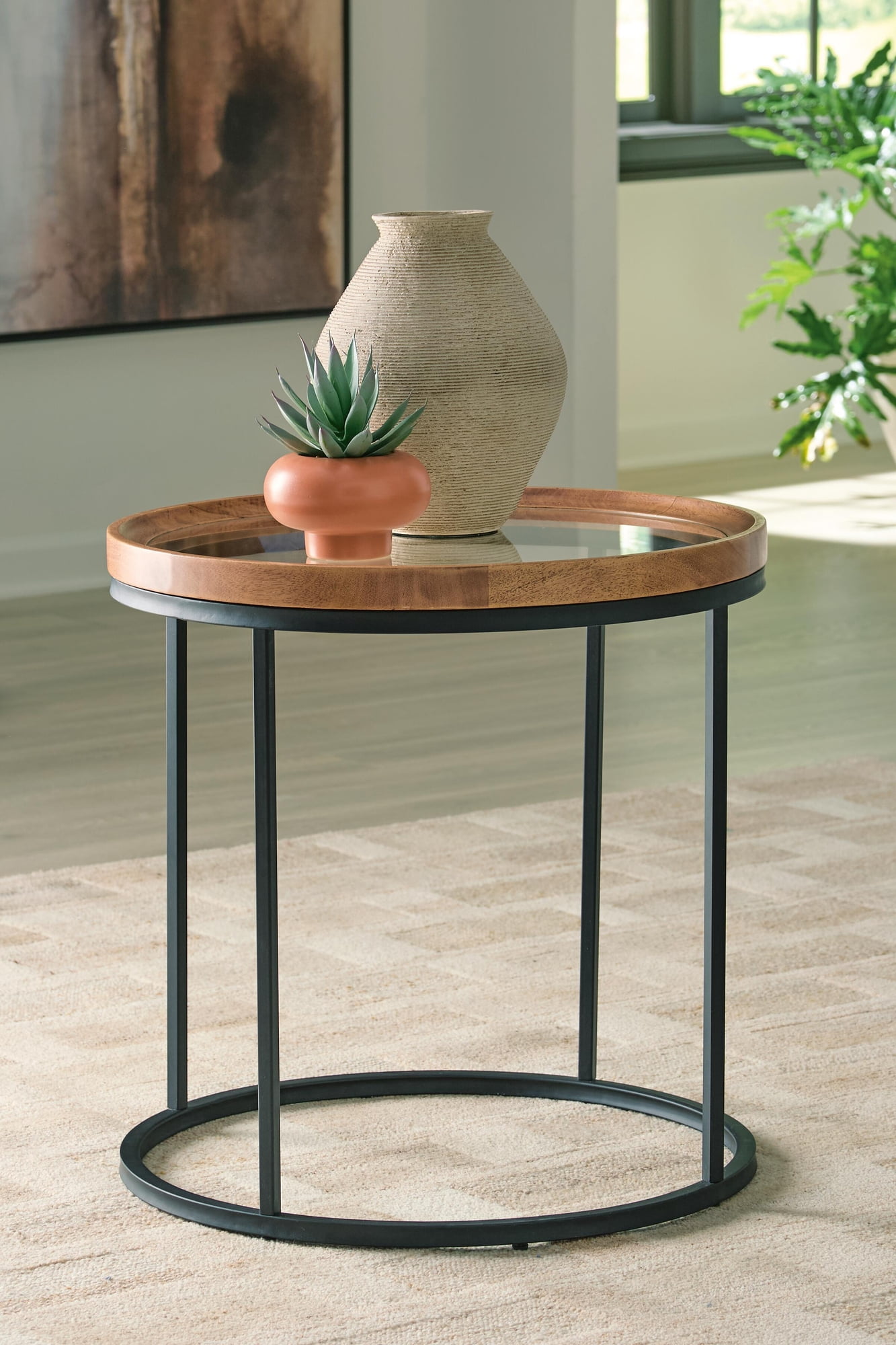 Signature Design By Ashley Noraluna Round End Table in Medium Brown/Black