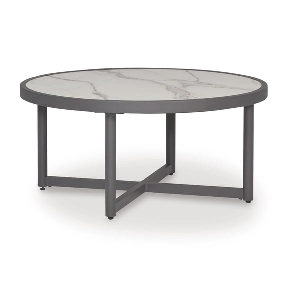 Signature Design by Ashley North Island Outdoor Round Coffee Table, Gray, Patio Cocktail Table with Aluminum Frame and Sintered Stone Top
