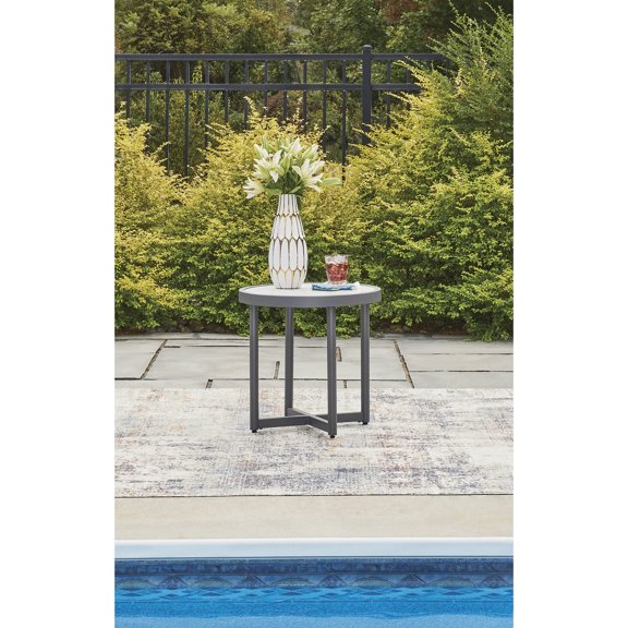 Signature Design by Ashley North Island Outdoor Round End Table, Gray, Aluminum Patio Side Table with Stone Look Top