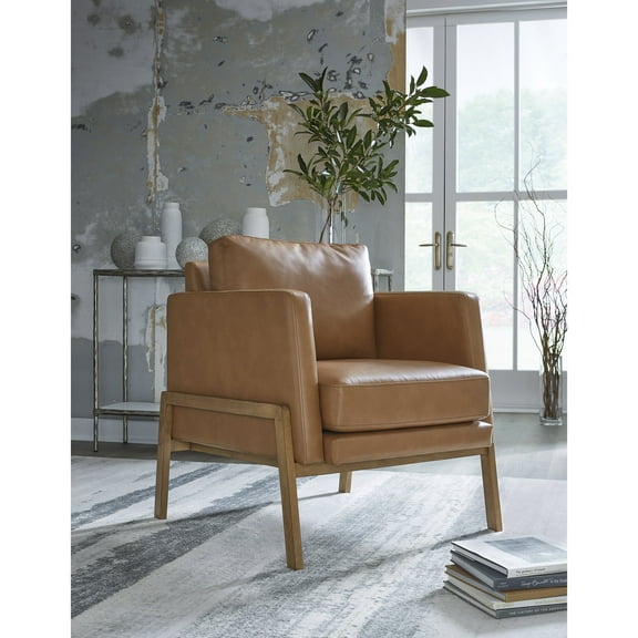 Signature Design by Ashley Numund Modern Faux Leather Accent Chair with Reversible Cushions, Caramel Brown