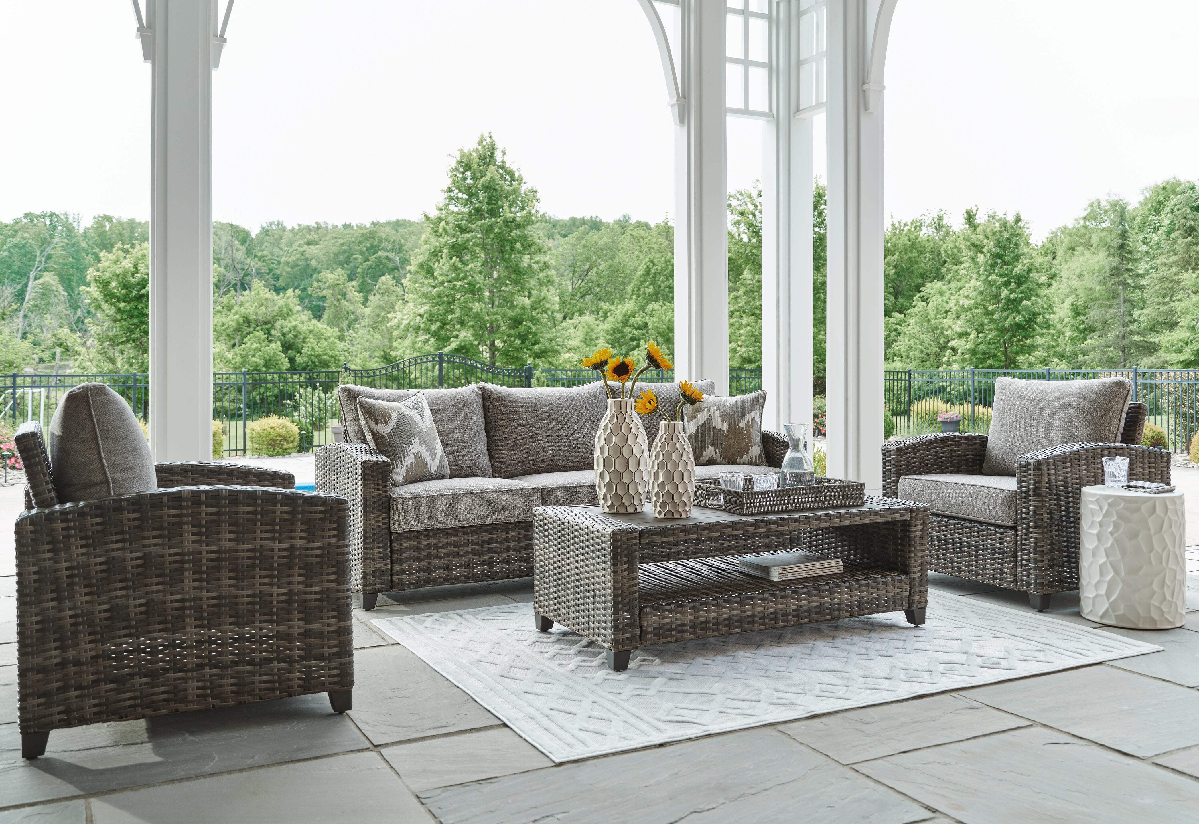 Gray Resin Wicker Outdoor Sofa Set with Cushions and Coffee Table