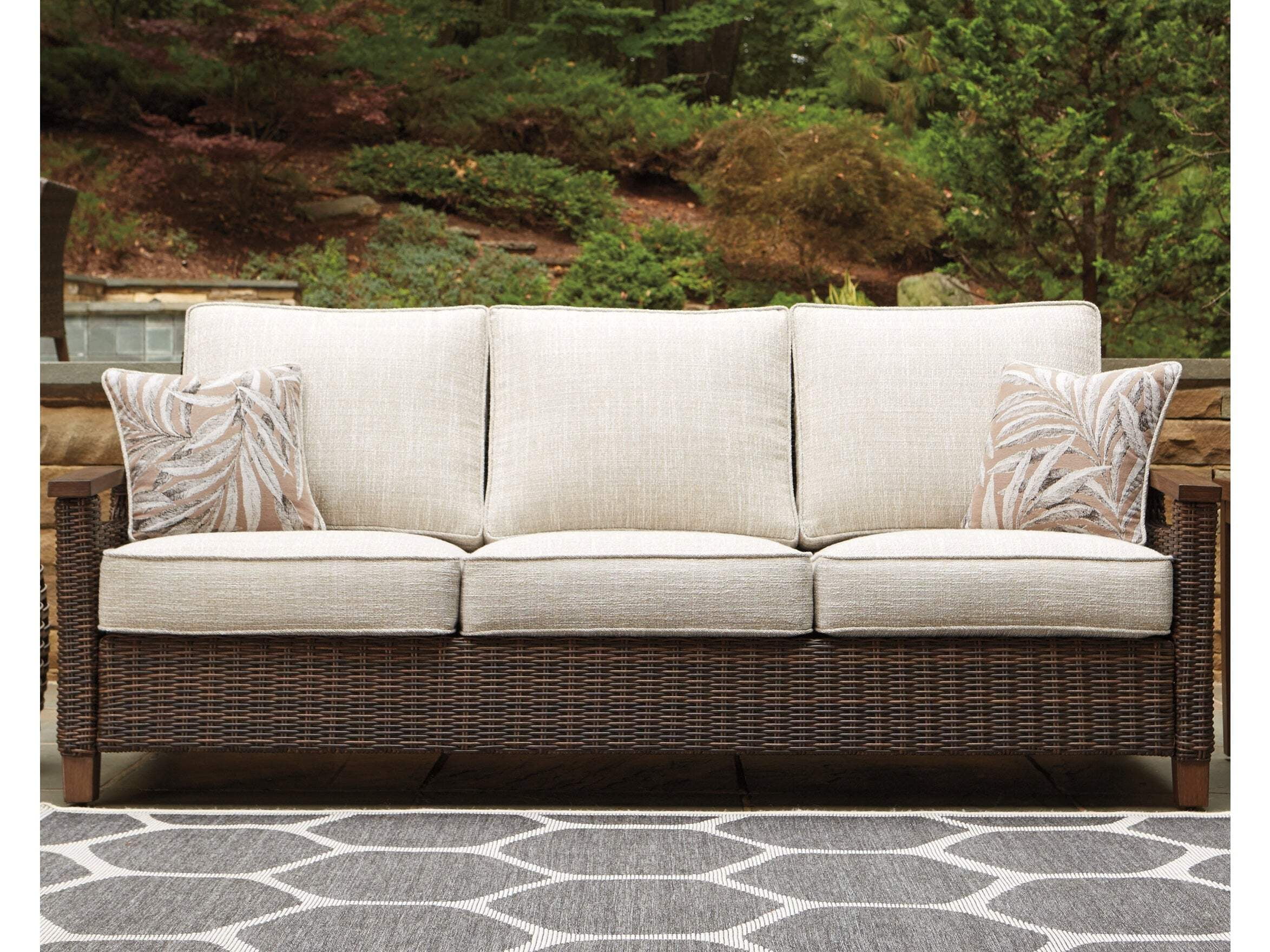 Paradise Trail Transitional 84'' Beige and Brown Wicker Metal Sofa