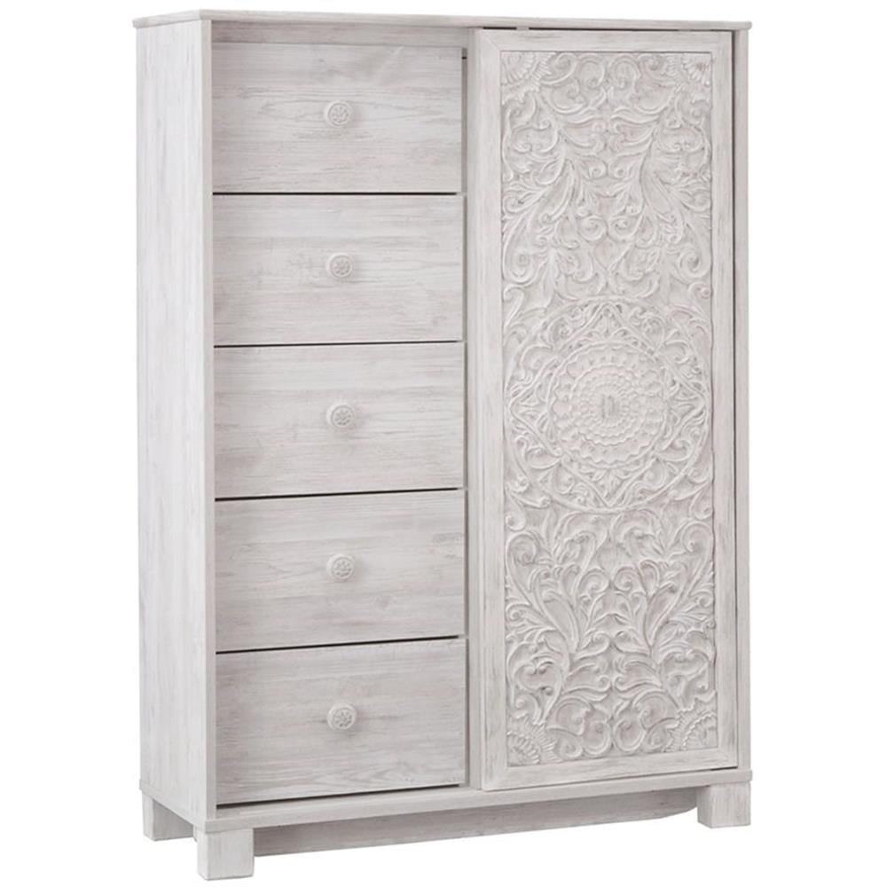 Whitewash Bohemian 5-Drawer Chest with Carved Door