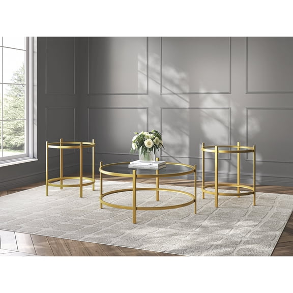 Signature Design by Ashley Pearlox Occasional Table Set, Coffee Table and 2 End Tables, Gold Metal and Glass