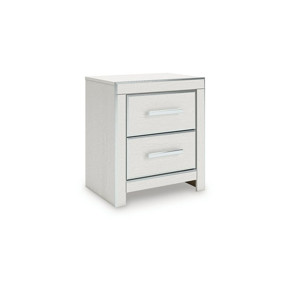 Signature Design by Ashley Ravalori Two Drawer Nightstand - White Finish with Chrome Accents, USB-A & USB-C Charging Ports, 2 Storage Drawers