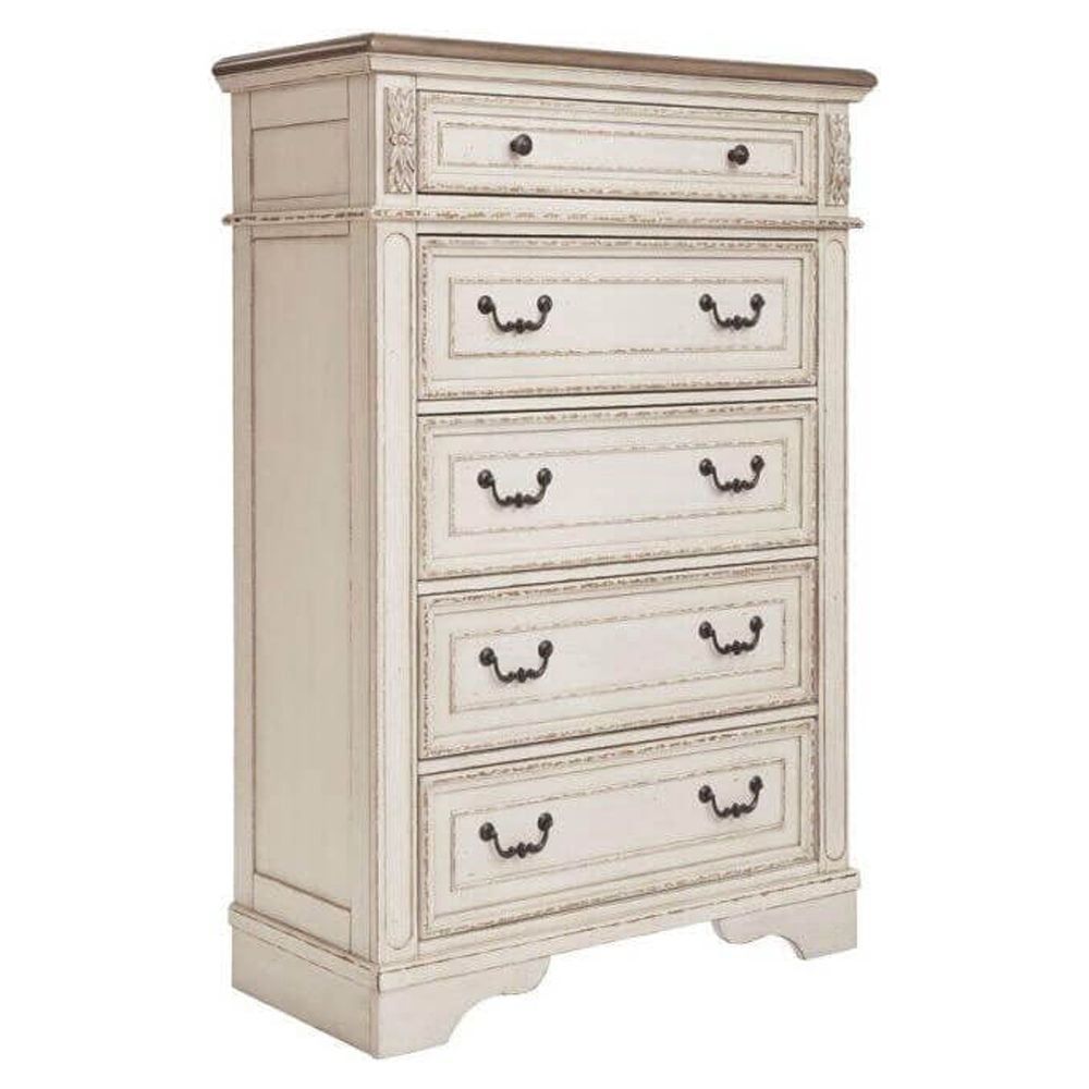 Charming Cottage White 5-Drawer Chest with Distressed Wood Top