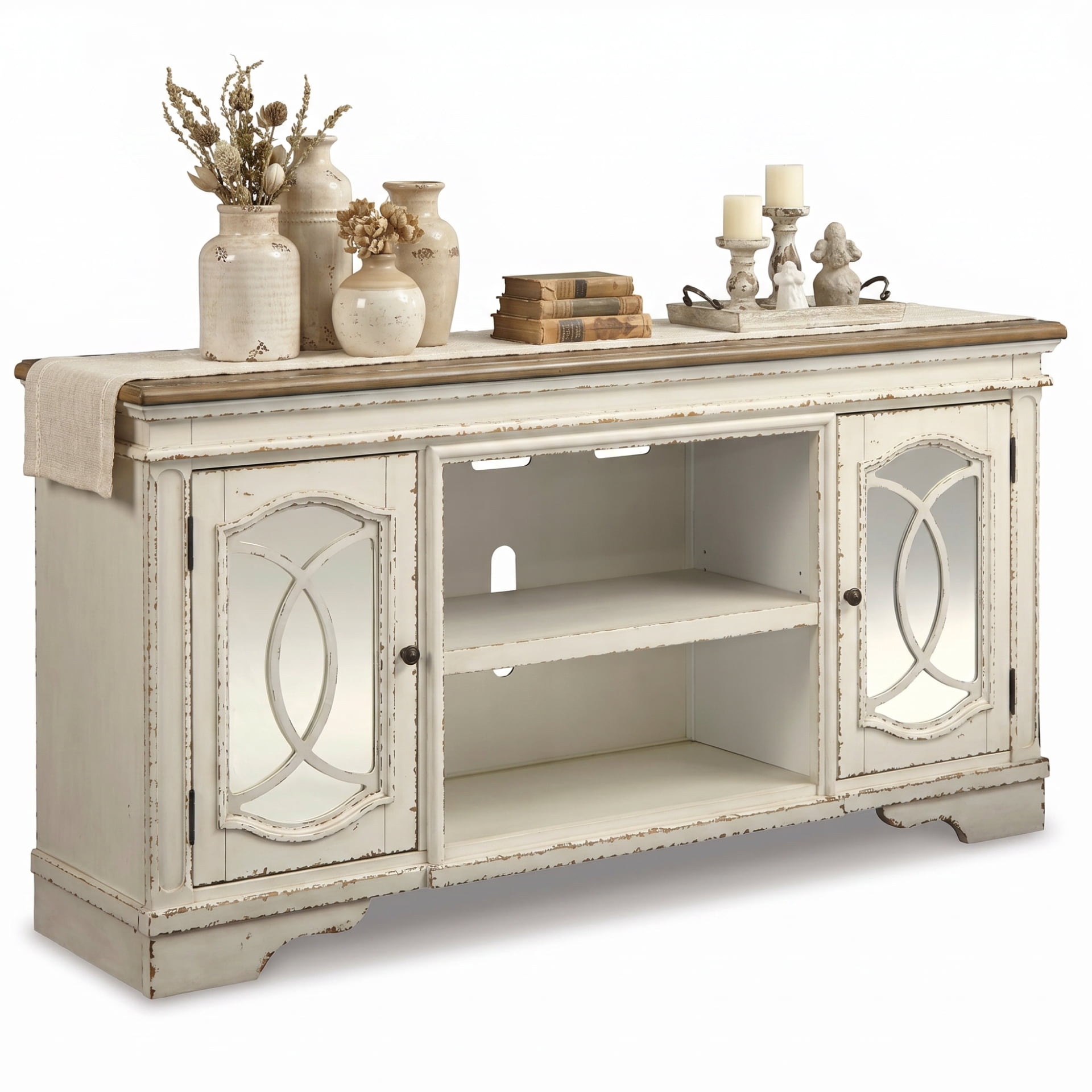 Ashley Furniture, Realyn TV Stand, 74, Brown with Fireplace Option