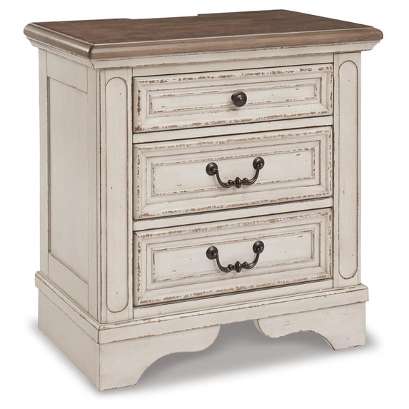 Signature Design by Ashley Realyn French Country 3 Drawer Nightstand with Electrical Outlets & USB Ports, Chipped White