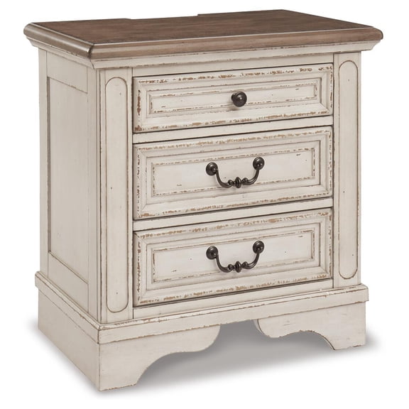 Signature Design by Ashley Realyn French Country 3 Drawer Nightstand with Electrical Outlets & USB Ports, Chipped White