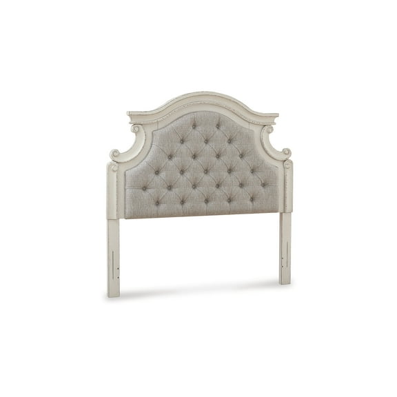 Signature Design by Ashley Realyn Full Upholstered Panel Headboard, Traditional Cottage Style with Button Tufting, Chipped White