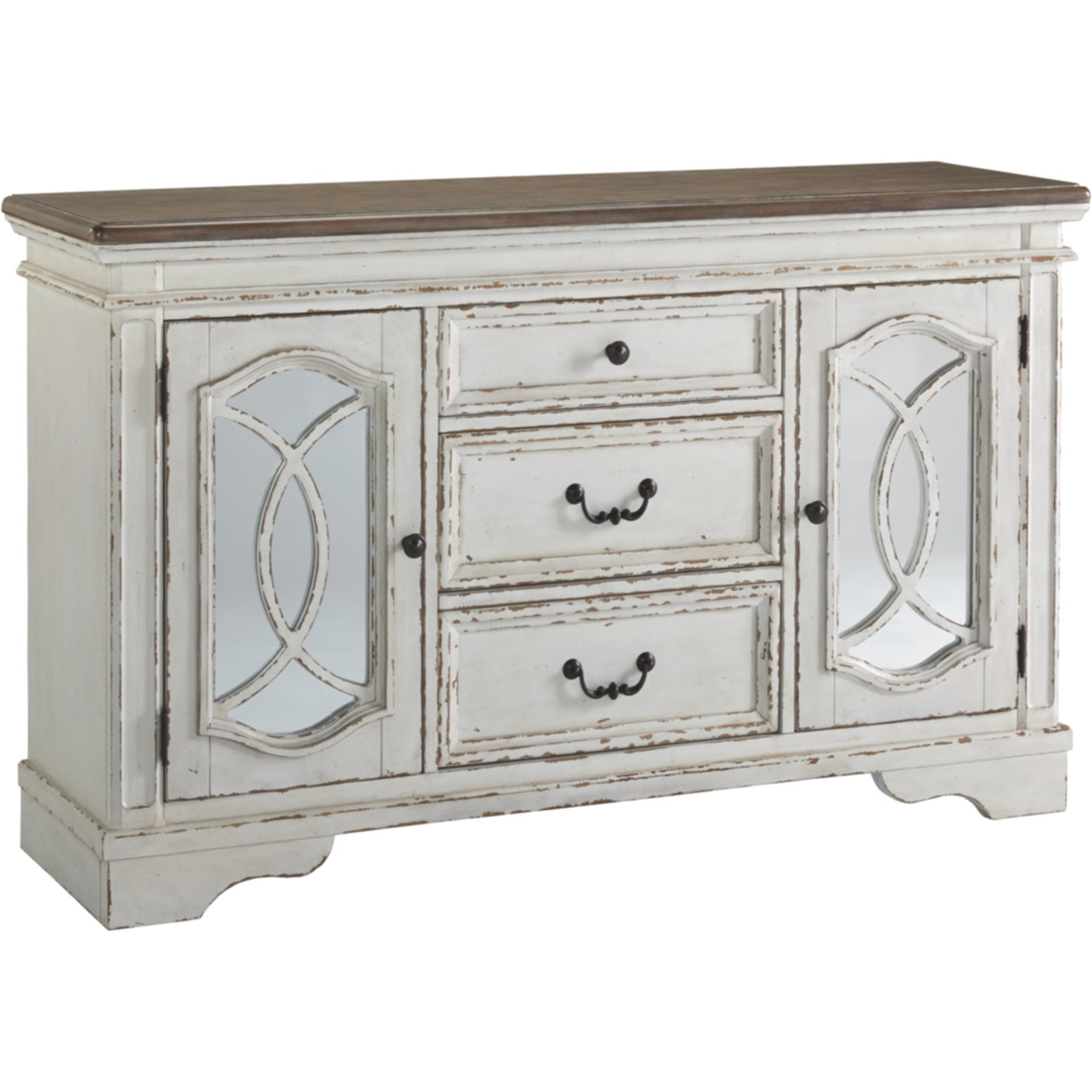 Chipped White and Distressed Wood Mirrored 59'' Rustic Sideboard