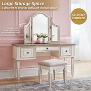 تصميم مميز من Ashley Realyn Vanity Set مع مرآة 3 لوحات ومقعد منجد ، أبيض عتيق / بني