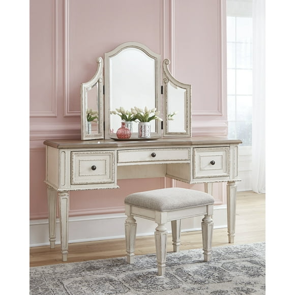 Signature Design by Ashley Realyn Vanity Set with 3-Panel Mirror and Upholstered Stool, Antique White/Brown
